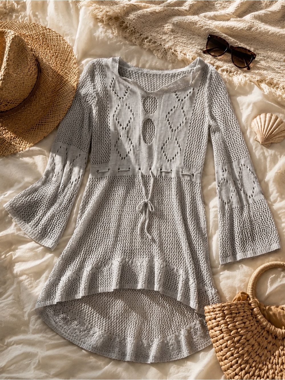Gray Knit Swimsuit Cover Up | One Size | Boho Beach Cover-Up | Open Knit
